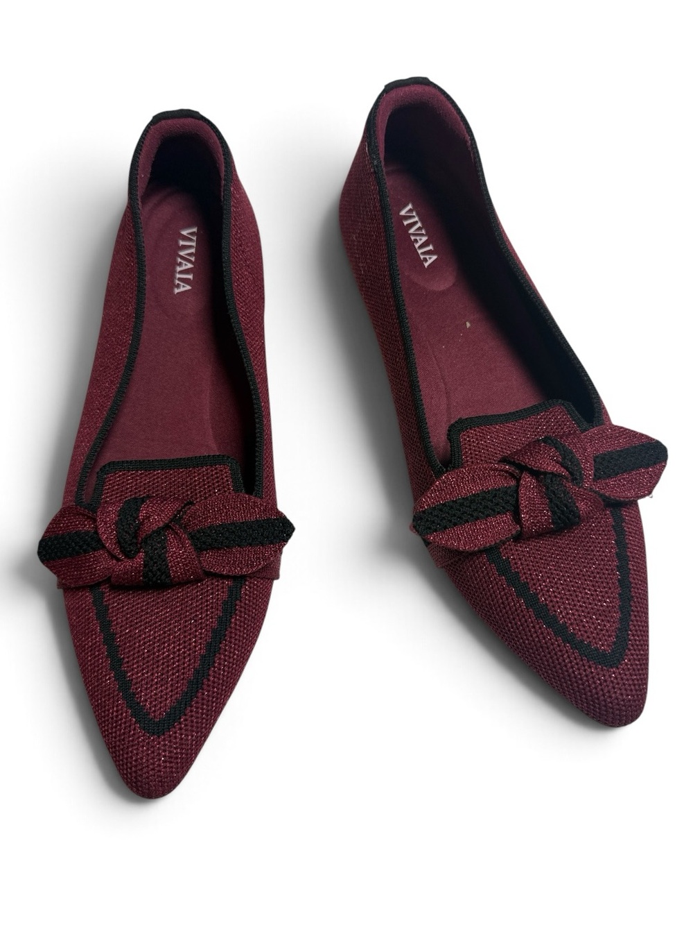 Vivaia Pointed-Toe Bow Loafers Michelle 2.0 Burgundy Metallic Black S-608 Sz 6